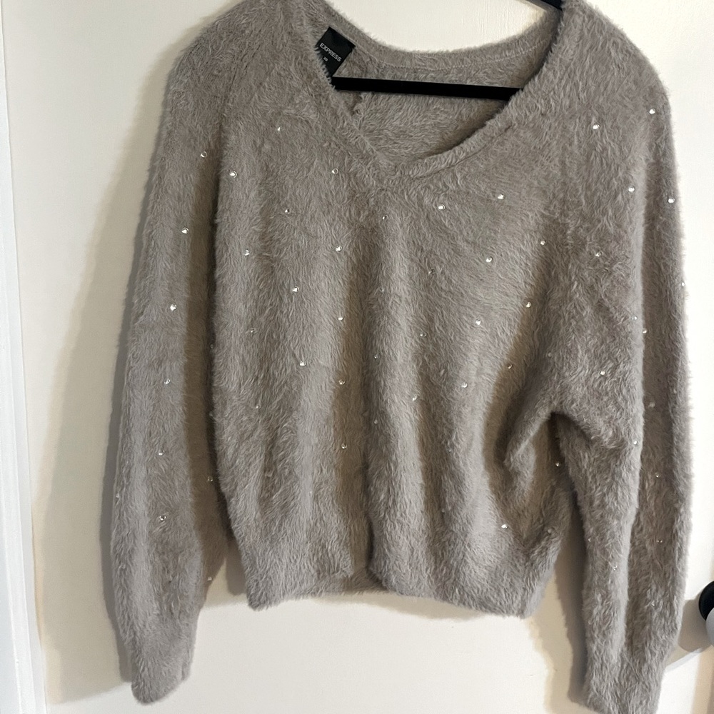 Express Gray Fuzzy Sweater with Rhinestones